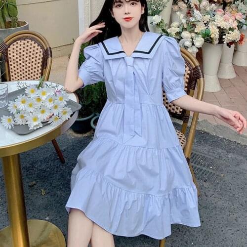 2021 Summer Solid Puff Sleeve Preppy Style Dress Women Harajuku Sailor Collar Kawaii High Waist Loose Japanese JK Dress