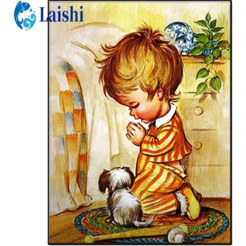 5D DIY Cute little boy and puppy in prayer full circle diamond painting Mosaic cross stitch Mosaic home decoration wall paste