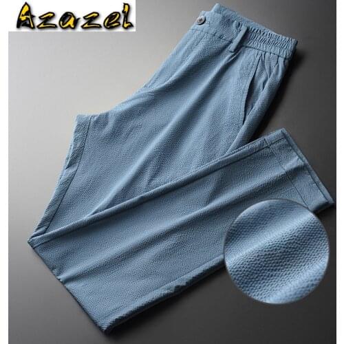 Azazel Summer Blue Mens Pants Luxury Solid Color Vertical Stripe Ventilate Male Pants Plus Size 4xl Slim Casual Mens Trousers