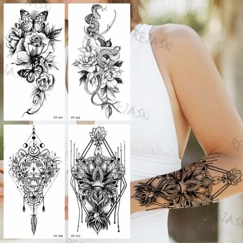 Black Henna Temporary Tattoos For Girls Realistic Tiger Butterfly Rose Snake Fake Tattoo Sticker Sexy Arm Body Tatoos Waterproof
