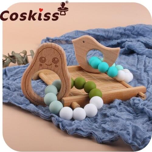 Coskiss 1Pcs Baby Teether Bracelet Cute Wooden Baby Beech Toy Solid Color Infant Baby Bracelet Teething Gifts