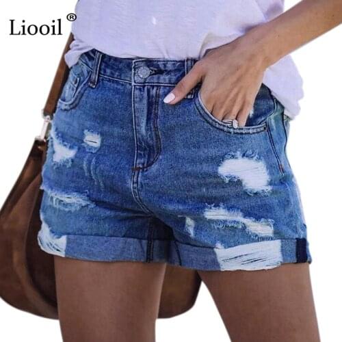 Liooil Cotton Stretch Ripped Curly Jeans Shorts For Women Summer Streetwear With Pocket High Waist Skinny Hole Sexy Denim Short