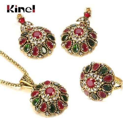 Kinel Hot Ethnic Bride Crystal Flower Earring Ring Jewelry Sets Fashion Antique Gold Necklace For Women Boho Jewelry Wholesale