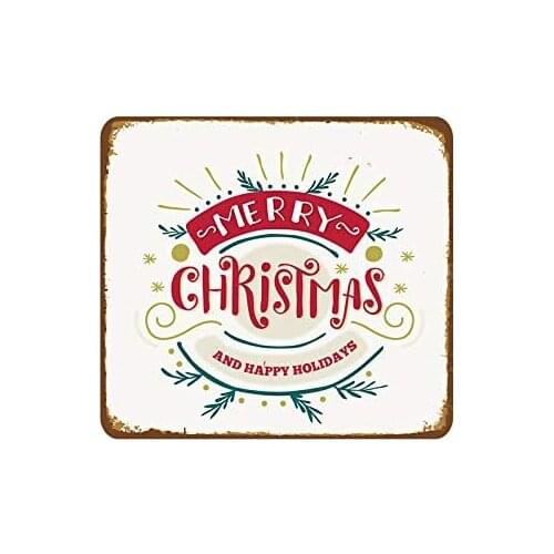 Royal Tin Sign Merry Christmas and Happy Holidays 11.8 11.8 inches, Square Metal Signs for Home and Station Retro Wall Decor