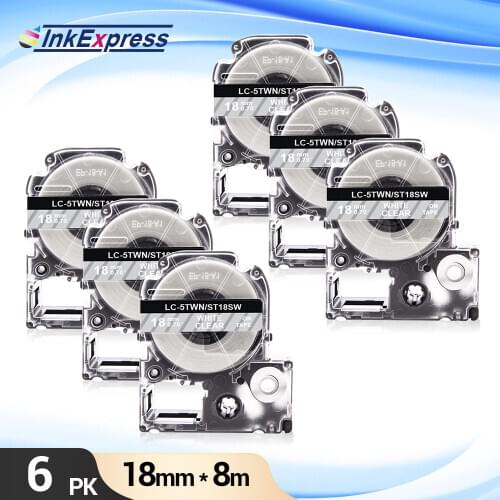 6Pcs White on Clear Label Tape ST18SW LK-5TWN Printer Ribbon 18mm*8m for Epson King Jim Tepra Pro Label Maker Printer LW-400 700