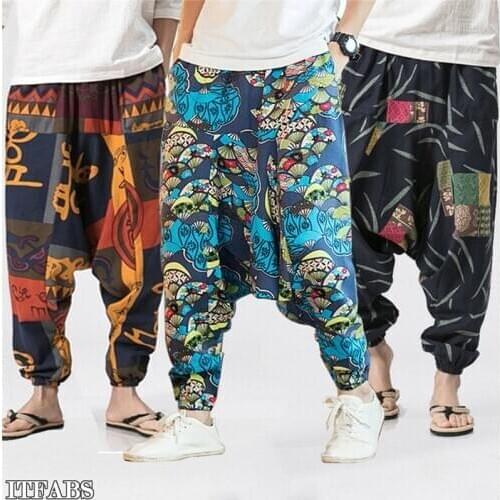 Mens Baggy Casual Harem Pants Hippie Martial Art Print Big Crotch Trousers