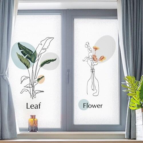 Nordic Leaf Flower Privacy Glass Sticker for Kitchen Bathroom Toilet Door Opaque Frosted Window Film Static Cling Film