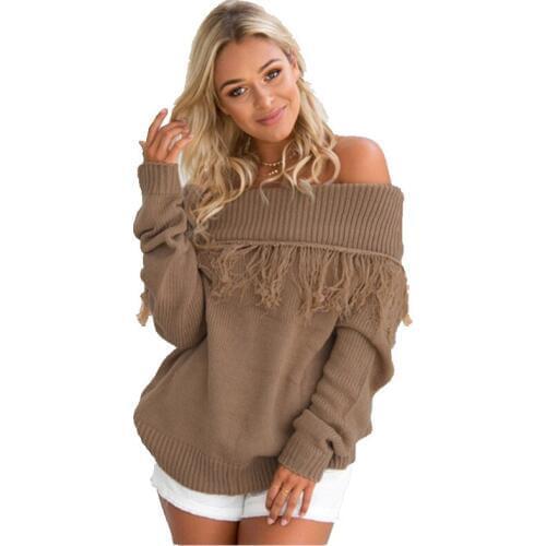 2017 New Womens Slash Neck Tassels Long Sleeve Sweaters Sexy Off Shoulder Knitted Sweater Pullover Jumper Knitwear Tops