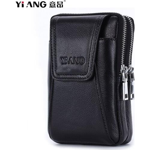 Genuine Leather Famous Brand Mens 6‘’ Cell Mobile Phone Pouch Case Cover Purse Cards Cigarette Money Hip Belt Waist Bag Wallet
