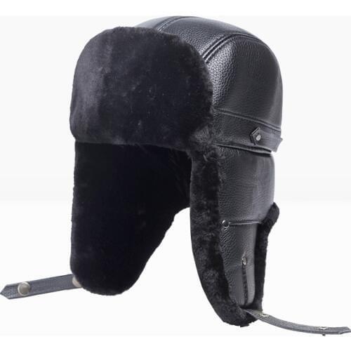 B-8547 Adult Winter Warm Hats Male Bomber Hat Earflap Cap Pu Warm Hats Adjustable Man Bombers Russian Ushanka Hat