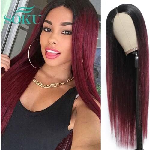 Synthetic Straight Lace Wig Ombre Red Color Long Soft Hairstyle SOKU Middle Part Heat Resist Black Lace Wig For Black Women