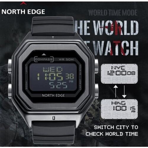 NORTH EDGE Digital Smart Sport Watch Men Metal Waterproof 50M 10 Years Battery Japanese Movement Thailand Imported Rubber Strap