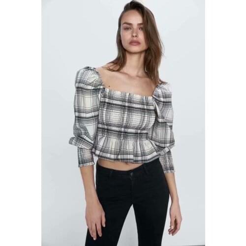 2020 New Arrival Spring Summer Square Collar Long Sleeve Blouse Shirt Women Vintage Sexy Fashion Plaid Print Crop Top Female