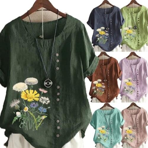 New Fashion Womens Daisy Printed Short Sleeve Round Neck Blouse Tops Casual Linen T-shirt Plus Size