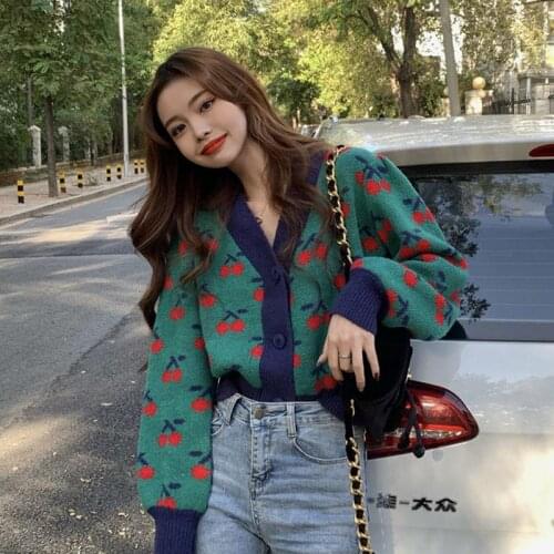 Womens Retro V Neck Cherry Jacquard Cardigan Coat Autumn Loose Knitted Sweaters Puff Sleeve Fashion Sweet Tops Sueters De Mujer