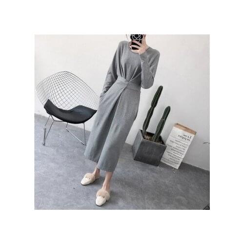2020 Autumn/ Winter New Retro Woolen Dress Women Waist Bow Tie Knit Sweater Dress Vintage Loose Elegant Slit Well-designed dress
