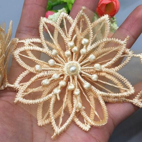 10X Gold Pearl Flowers 3D Embroidered African Lace Trim Ribbon Fabric Handmade Wedding Sewing Craft For Costume Hat Decoration