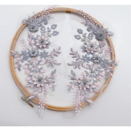 1 Piece 14*34cm Grey Pink Embroidery Bead Large Embroidered Neckline Lace Applique