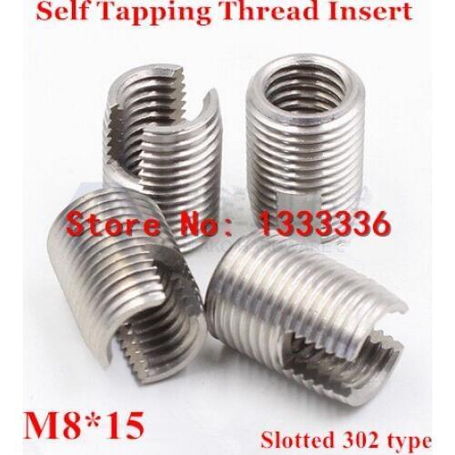 20pcs M8*1.25*15 (L) Self Tapping Thread Insert, 302 Slotted Type Stainless steel Screw Bushing M8 Wire Thread Repair Insert