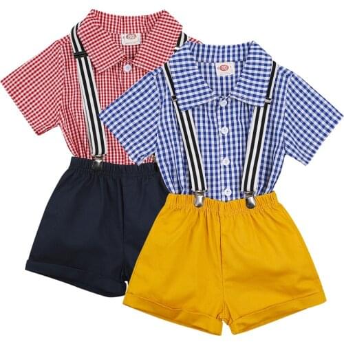 2021 0-5Y Summer Gentleman Kids Baby Boy Clothing Plaid Print Short Sleeve Shirt+Straps Shorts Bib Pants Casual School 2pcs Set