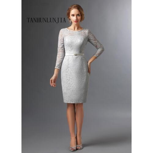 2021 Silver Mother Of The Bride Dresses Sheath 3/4 Sleeves Lace Knee Length Plus Size Short Elegant Groom Mother Dresses Wedding