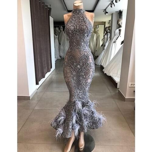 Arabic Wear Party Dress Ostrich Evening Dress Gray Robe De Soireee Dubai Evening Gowns Mermaid Appliqued vestido de festa