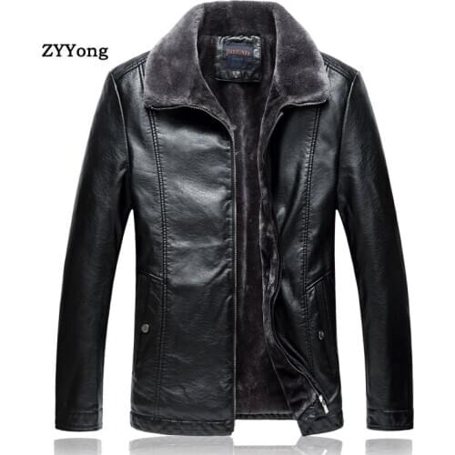 Black Winter Leather Jacket Men Jacket Fur Turndown Collar Parka Coat Overcoat Plus Velvet Warm PU Large Size Classic Outwear