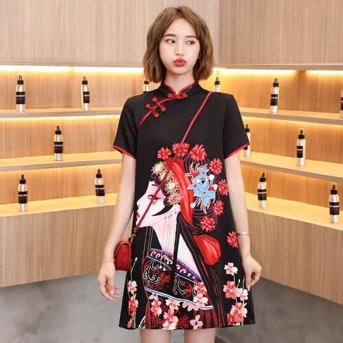 Black Oriental Dress Short Cheongsam Chinese Traditional Dress Robe Vintage Femme Modern Dress Girls Chinese Dress Qipao 11909