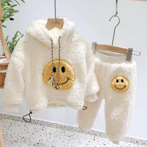 Childrens Autumn And Winter Suit Boys And Girls Baby Plus Velvet Hooded Wool Sweater Korean Two-piece Suit