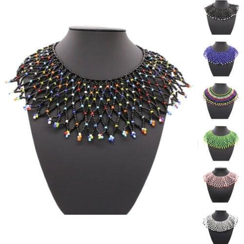 Handmade Ethnic Necklace Bib Choker Beaded Fake Collar Jewelry Colorful Tribal Boho Gypsy Fashion Necklace Pendant African Boho