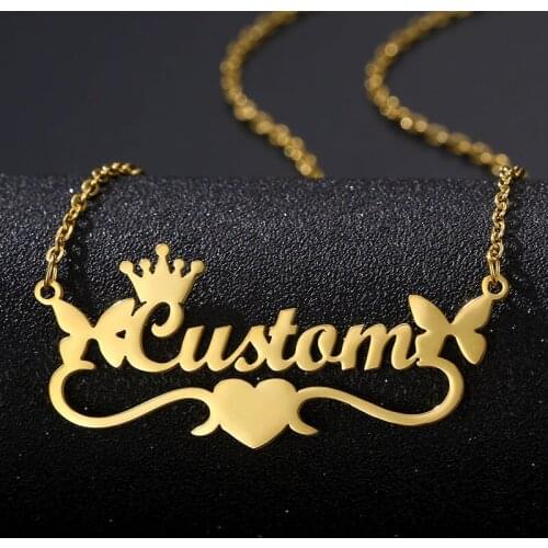 Customized Personalized Name Necklace Stainless Steel Custom Gold Crown Letter Nameplate Pendant Necklace Charming Women Jewelry