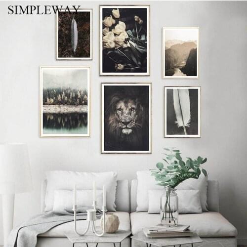 Scandinavian Poster Lion Feather Flower Autumn Landscape Painting Canvas Art Print Nordic Wall Picture Modern Living Room Decor