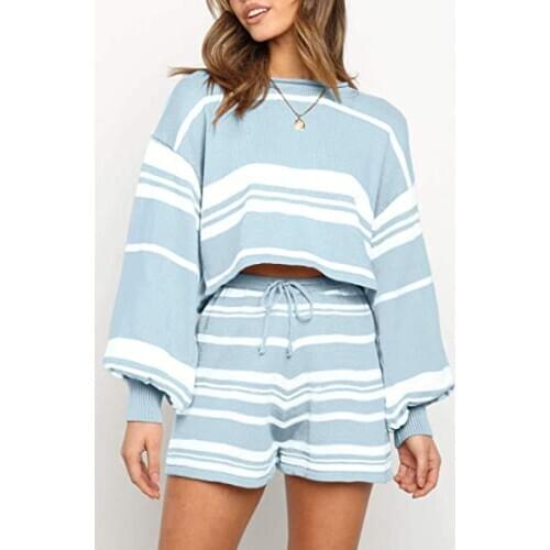 FUFUCAILLM Women Stripe Knitted Sets Long Sleeve Latern Sleeve Round Neck Pullover Shirt + Drawstring Shorts 2pcs/Set Loungewear