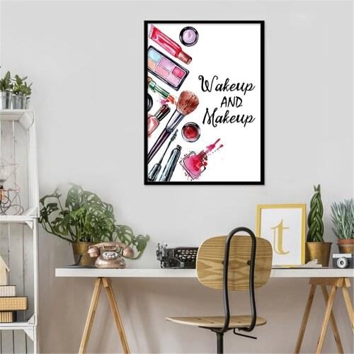 Cosmetics Watercolor Lipstick Eye Shadow Foundation Canvas Painting Wakeup and Makeup Poster Beauty Nail Shop Wall Decor Picture