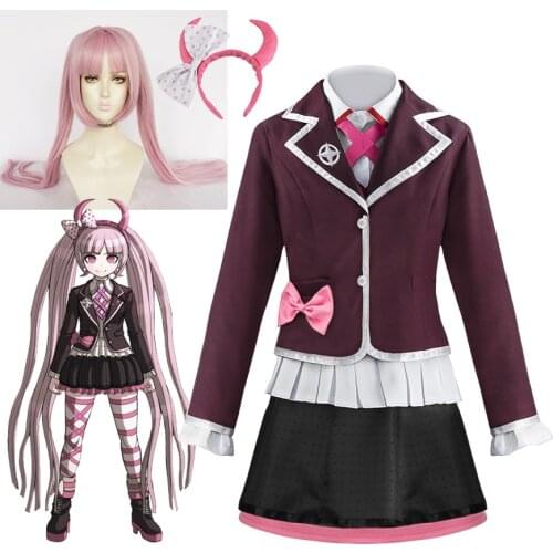 Costume Utsugi Kotoko Cosplay Wig and JK Uniform Danganronpa Another Episode Pink Long Hair Halloween Woman Party Clothes