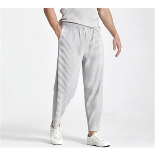 Miyake pleated mens casual straight-leg pants harem pants trendy fashion loose and comfortable nine-point running track pants