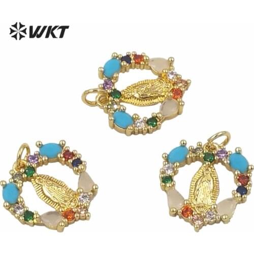 MP189 Exclusive Newest Religious Round Pendant Rainbow Cubic Zircon Micro Paved Setting Stone Pendant Virgin Mary Pendant