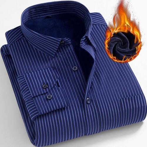 2019 Winter Mens Business Casual Long Sleeved Shirt Warm Velvet Thickenin Classic Striped Male Social Dress Shirts Purple Blue