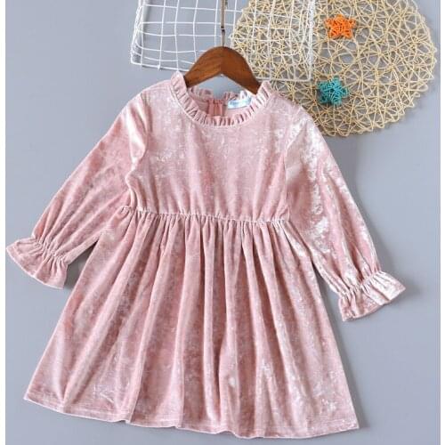 2021 Girls Dress Autumn Winter Solid Color Long Sleeve Toddler Velor Dresses Sweet Children Velvet Clothes Princess Ruffle Dress