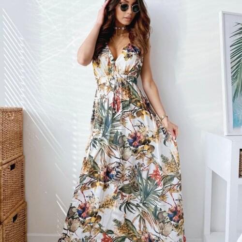 Sexy Deep V Neck Print Boho Sleeveless Backless Maxi Dress Summer Casual Tank Vintage Long Beach Dresses For Women Robe Vestidos