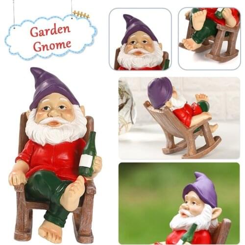 Garden Drinking Gnome on The Rocking Chair Resin Statue Home Decor for Indoor Outdoor Patio Yard Lawn Porch Dwarf Sculpture