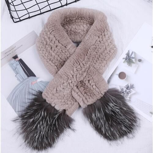 SUPPEV&STTDIO 2020 New Luxury Womens Winter Fur Scarf Genuine Rex Rabbit Fur Scarves Wraps Knitted Silver Fox Fur Scarfs