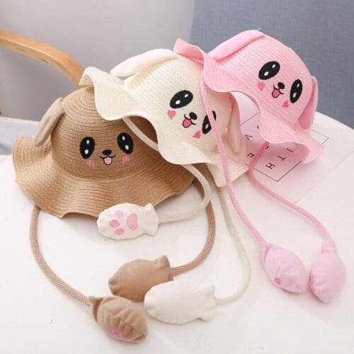 Parent-Child Summer Unisex Sunhat Pure Color Sunscreen Cute Bunny Ears Will Move Kids Girls Beach Caps For Women Men Straw Hats