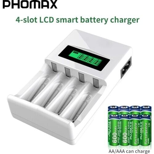 PHOMAX 4 Slots LCD Display Smart Battery Charger with short circuit protection For AA/AAA NiCd NiMh Rechargeable Batteries