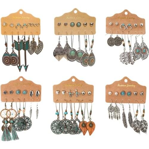 Heart-shaped Long Earrings Female 6 Pairs/Set of Creative Vintage Ethnic Moon Leaf Water drop Tassel Dangler Fashion Jewelry