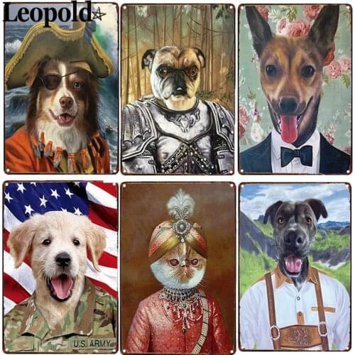 Vintage Metal Tin Plate Pet Animal Poster Dog Cat Plaque Wearing Clothes Retro Bar Club Cafe Home Wall Decoration 20X30Cm