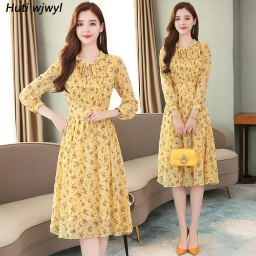 2021 Vintage Yellow Floral Chiffon Midi Dresses Autumn Winter Plus Size Long Sleeve Dress Elegant Women Bodycon Party Vestidos