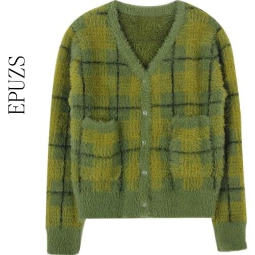 Vintage warm Green Plaid Cardigan women knitted sweater With Front Button Women Cropped Cardigan Sweater 2020