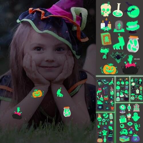 Halloween Temporary Tattoo Stickers Waterproof Tombstone Skull Head Bat Moon Glowing Tatoo Arm Luminous Tatto Man Woman Child