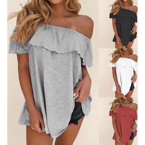 Women Sexy Slash Neck T Shirt Solid Color Ruffle Short Sleeve Ladies Casual T Shirt New Fashion Loose Tee Tops